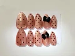 現品ネイルチップ　ピンクマグネット ハートドット柄 リボン　ワンホン　韓国ネイル