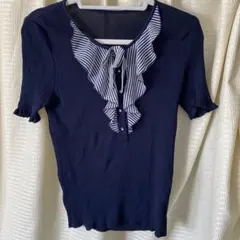 0524 ネイビー 半袖ニット トップス ストライプ サイズ商品説明のサムネイル