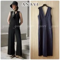 【439】美品　アナイ　リネン調オックスＶオールインワン　グレー　36