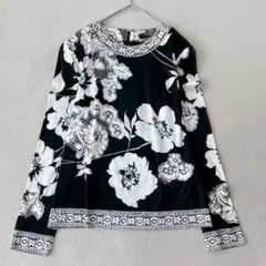 光沢感✨レオナール トップス カットソー トリム 花 コットン ブラック 黒 L 美品✨光沢感 レオナール カットソー トップス トリム 花