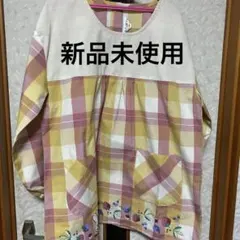 保育士スモックウサギ刺繍付き割烹着　チェック柄【新品未使用】M〜L☆7913C③