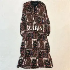 ZARA レトロ　花柄ロングワンピース　キーネック　Aライン　ボリューム袖　XS