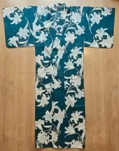 美品】撫松庵 婦人 浴衣 ブラック グレー リーフ柄 洗える ゆかた 単品