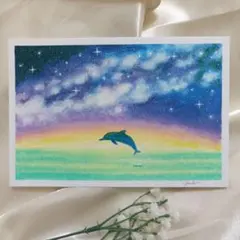 朝日を見つめる親子猫 海の絵 オイルパステル画 絵画 原画 ハガキ