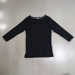 vandash　フリルネック 黒リブ編み 七分袖 トップス