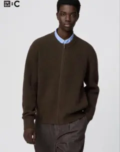 ユニクロC クルーネックフルジップカーディガン XL ダークブラウン