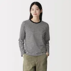 無印良品 天竺編みクルーネック長袖Ｔシャツ　グレーボーダートップス