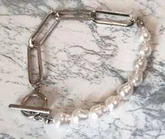 ブレスレット　シルバーチェーンバロックパール　マンテル　クリップチェーン　新品