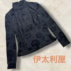 【伊太利屋】イタリヤ　チャイナボタン　黒 花柄 ハイネック 長袖シャツ