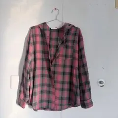 フード付きピンクグレーチェックシャツ　L