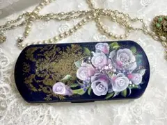 薔薇トールペイント手描きネイビー メガネケース