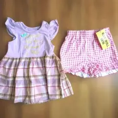 紫ドレスとチェックショートパンツセット　80