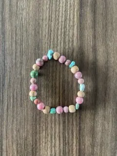 【エスニック】天然石風 ビーズブレスレット ピンク ターコイズ ウッド ゴム