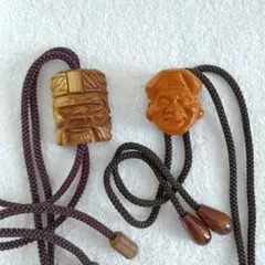 木製彫刻ループタイ2本セット（アイヌと恵比寿顔　魔除け）