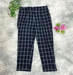 【ru】ネイビー チェック スラックス (L) クロップド丈 パンツ