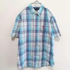 ❤ユーエスポロアッスン チェック 半袖シャツ ボタンダウン M 青白 綿 普段着のサムネイル