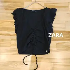 ZARA ブラック黒 フリル ノースリーブ トップス リブ S