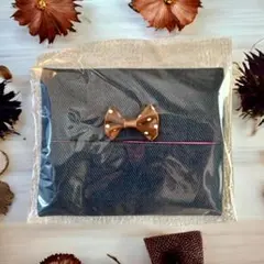 ポケットティッシュケース　ブラウンに白のドットリボン付　No.4