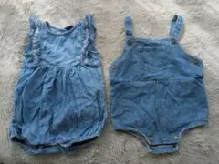 ベビーデニム2点セット 刺繍レースロンパース ポケット付きサロペットパンツ