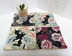 ハンドメイド【336A】リバーシブル布コースター4枚セット　猫　花柄