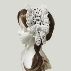 ハンドメイド　ヘッドドレス　フリル　バブーシュカ　リボン　ボンネット　白　ラメ