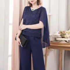 DRESS+ S ネイビー ケープ風 レース セットアップ パンツドレス 結婚式