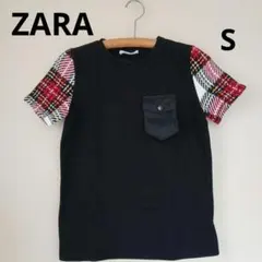ZARA WOMAN チェック柄袖 半袖 Tシャツ カットソー ブラック Sのサムネイル