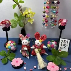 ちりめん細工、サクラ，うさぎ，ぼんぼり，くくり花吊るし飾り