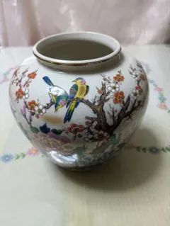 九谷焼陶和　陶器製 花瓶 鳥と花のデザイン
