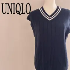 美品 UNIQLO ユニクロ ニットベスト 厚手 ネイビー 紺 袖裾リブ 秋冬