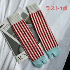 厚手靴下 足袋ソックスクルー丈ストライプ 柔らか 暖か 防寒 赤