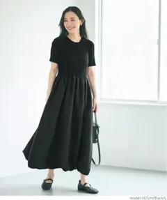 【coca】ブラック　半袖ロングワンピース バルーンニットワンピース