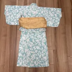 美品キッズ浴衣ツーピース帯付き3点セット120 花柄　グリーン系　緑