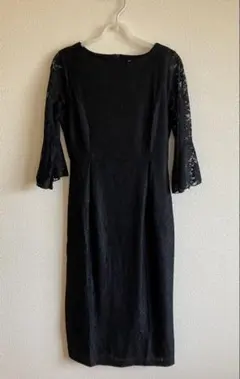 結婚式 パーティードレス ブラック ワンピースドレス レース 七分袖 膝下