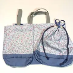 81 イチゴフリル　くすみブルー　入園入学グッズ3点セット　ハンドメイド