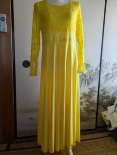 イエローレース長袖フレアドレス LLサイズ値下げしました。最値下げ。