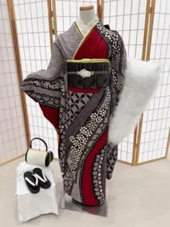 美品 成人式 振袖フルセット 正絹 黒鹿の子 150cm~160cm用【885 
