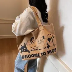 カジュアル 犬柄 ネコ柄 トートバッグ 大容量 キャンバス ショルダー ブラウン
