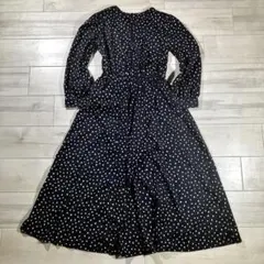 ドット柄 ロングフレアワンピース 長袖 黒色 水玉模様きれいめ大人カジュアル古着