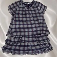 【美品】パープルチェック　ワンピース　トップス　フリル　y2k 平成　春服　夏服