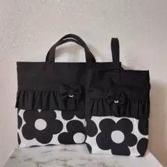 入園入学2点set レッスンバッグ　上履き入れ　 大きなお花柄　フリル　リボン