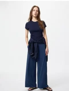 ユニクロ☆クレープジャージーストレートパンツ M ネイビー