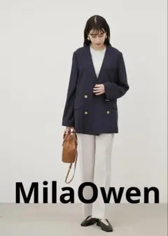 【MilaOwen】金釦ダブルノーカラーリネン混ジャケット