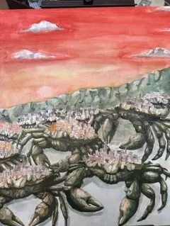 水彩画 巨大カニと都市景観