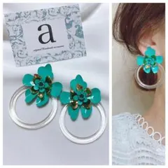 2293-3 2way ゴールド☺︎グリーンフラワーのピアス×クリアフープ☺︎