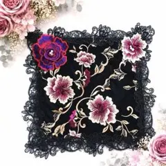 フェイラー風 花柄刺繍 大判タオルハンカチ ＆ティシュケース 蝶