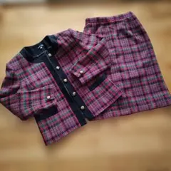 チェック柄ジャケットとスカートセットアップ　ノーカラージャケット　M　９号