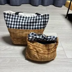 ハンドメイド、カゴバックプリント、布バック、お弁当袋、ギンガムチェック