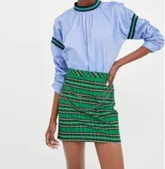 新品 ZARA チェックミニスカート グリーン チェーン付き サイズM