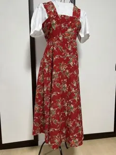 昭和レトロ 赤 花柄 ジャンパースカート ロングワンピース 裏地あり